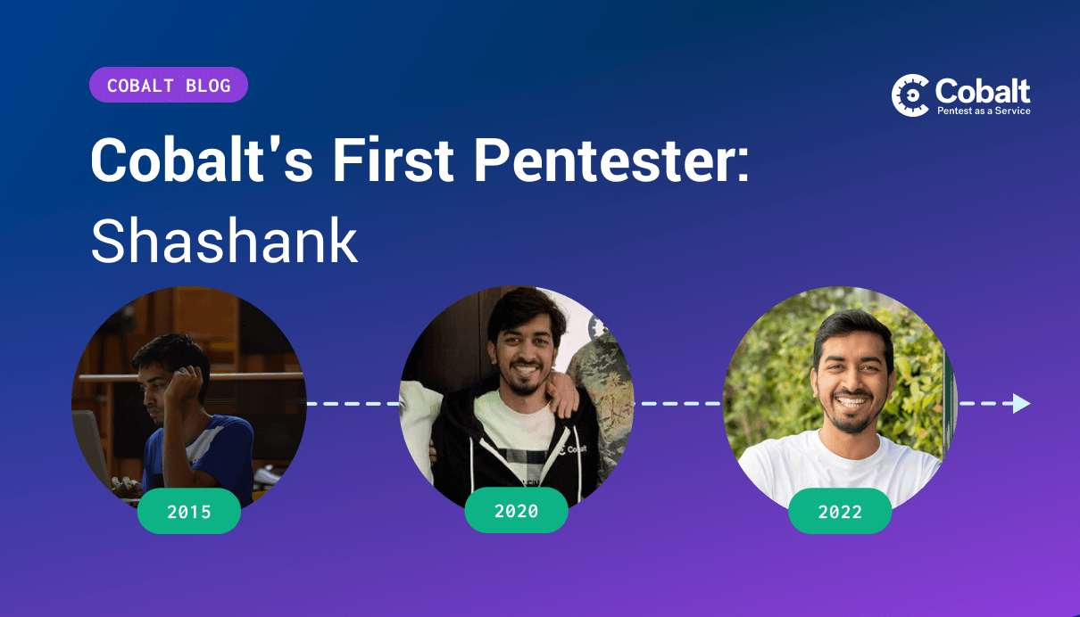 Cobalt's First Pentester: Shashank. 3 pictures of Shashank from 2015, 2020, and 2022. 